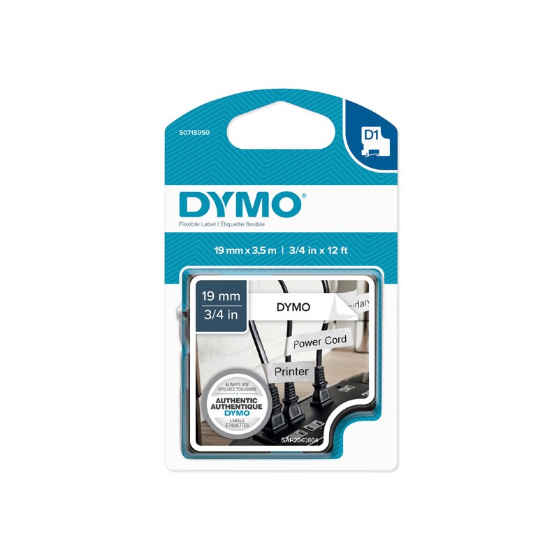 Dymo originální páska do tiskárny štítků, Dymo, 16958, S0718050, černý tisk/bílý podklad, 3.5m, 19mm, D1 speciální - flexibilní