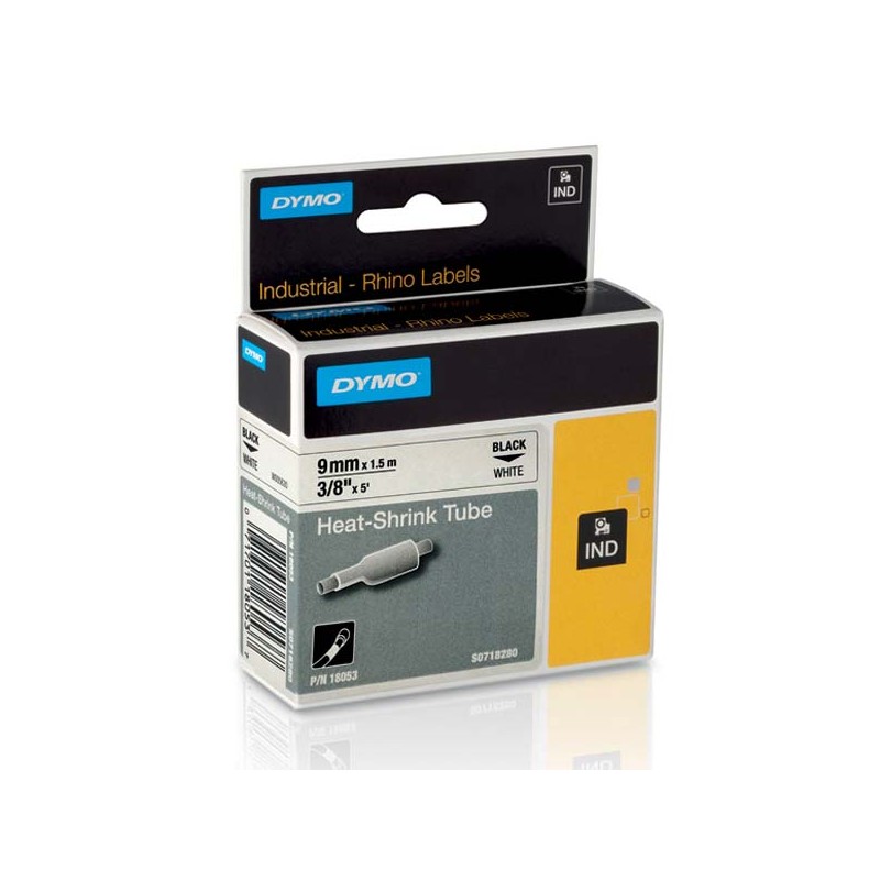 Dymo originální páska do tiskárny štítků, Dymo, 18053, S0718280, černý tisk/bílý podklad, 1.5m, 9mm, RHINO plochá smršťovací
