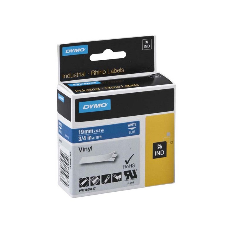 Dymo originální páska do tiskárny štítků, Dymo, 1805417, bílý tisk/modrý podklad, 5.5m, 19mm, RHINO vinylová profi D1