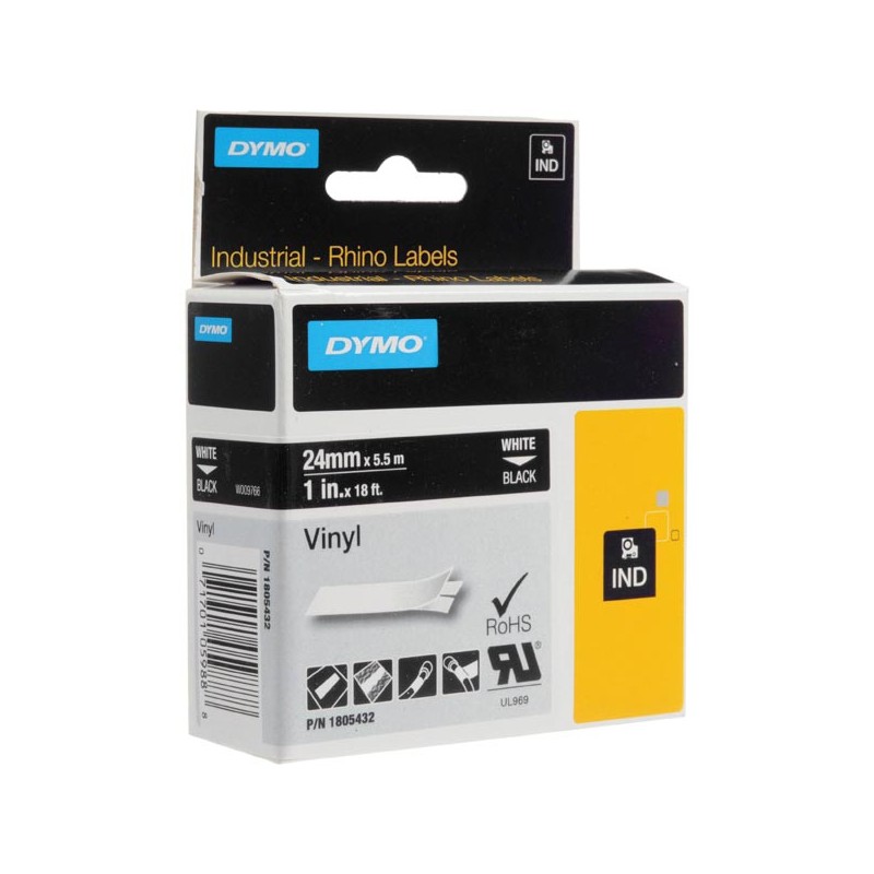 Dymo originální páska do tiskárny štítků, Dymo, 12267, 1805432, bílý tisk/černý podklad, 5.5m, 24mm, RHINO vinylová profi D1