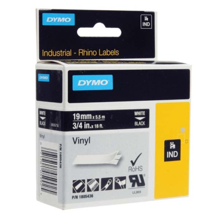 Dymo originální páska do tiskárny štítků, Dymo, 1805436, bílý tisk/černý podklad, 5.5m, 19mm, RHINO vinylová profi D1