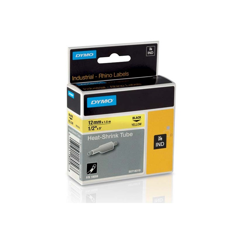Dymo originální páska do tiskárny štítků, Dymo, 18056, S0718310, černý tisk/žlutý podklad, 1.5m, 12mm, RHINO plochá smršťovací