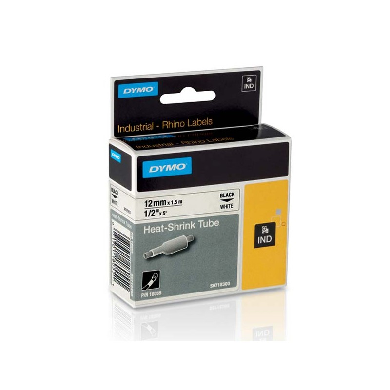 Dymo originální páska do tiskárny štítků, Dymo, 18055, S0718300, černý tisk/bílý podklad, 1.5m, 12mm, RHINO plochá smršťovací