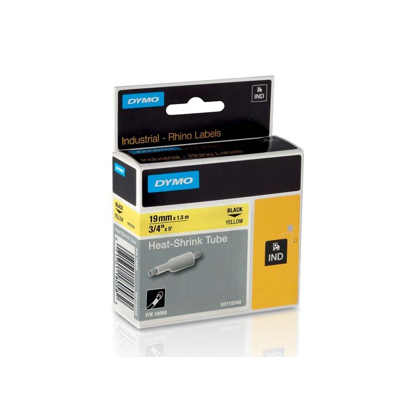 Dymo originální páska do tiskárny štítků, Dymo, 18058, S0718340, černý tisk/žlutý podklad, 1.5m, 19mm, RHINO plochá smršťovací