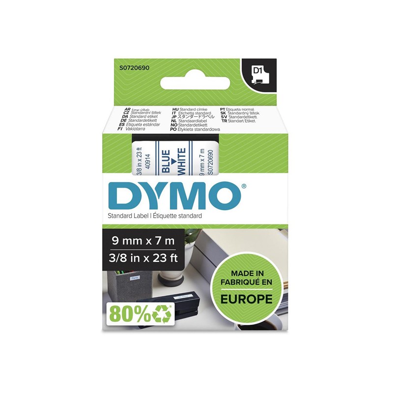 Dymo originální páska do tiskárny štítků, Dymo, 40914, S0720690, modrý tisk/bílý podklad, 7m, 9mm, D1
