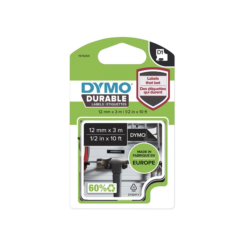Dymo originální páska do tiskárny štítků, Dymo, 1978365, bilý tisk/černý podklad, 3m, 12mm, D1, permanentní vinylová