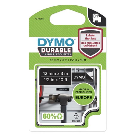Dymo originální páska do tiskárny štítků, Dymo, 1978365, bilý tisk/černý podklad, 3m, 12mm, D1, permanentní vinylová