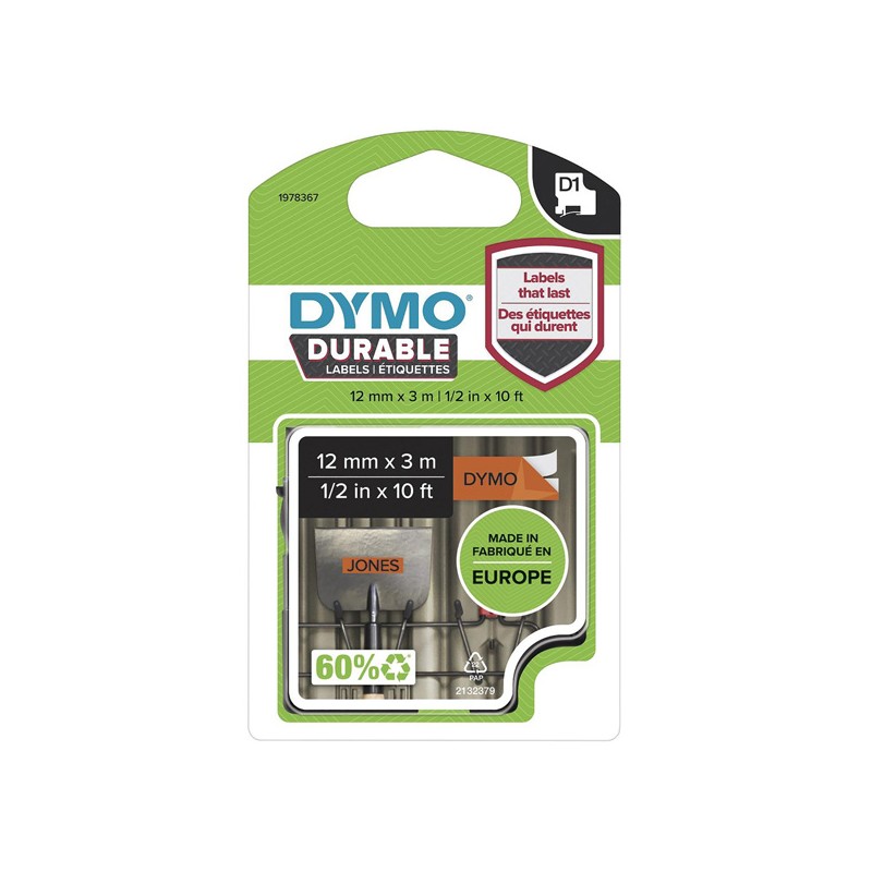 Dymo originální páska do tiskárny štítků, Dymo, 1978367, černý tisk/oranžový podklad, 3m, 12mm, D1, permanentní vinylová
