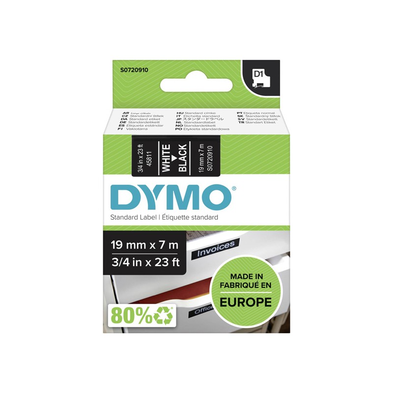 Dymo originální páska do tiskárny štítků, Dymo, 45811, S0720910, bílý tisk/černý podklad, 7m, 19mm, D1
