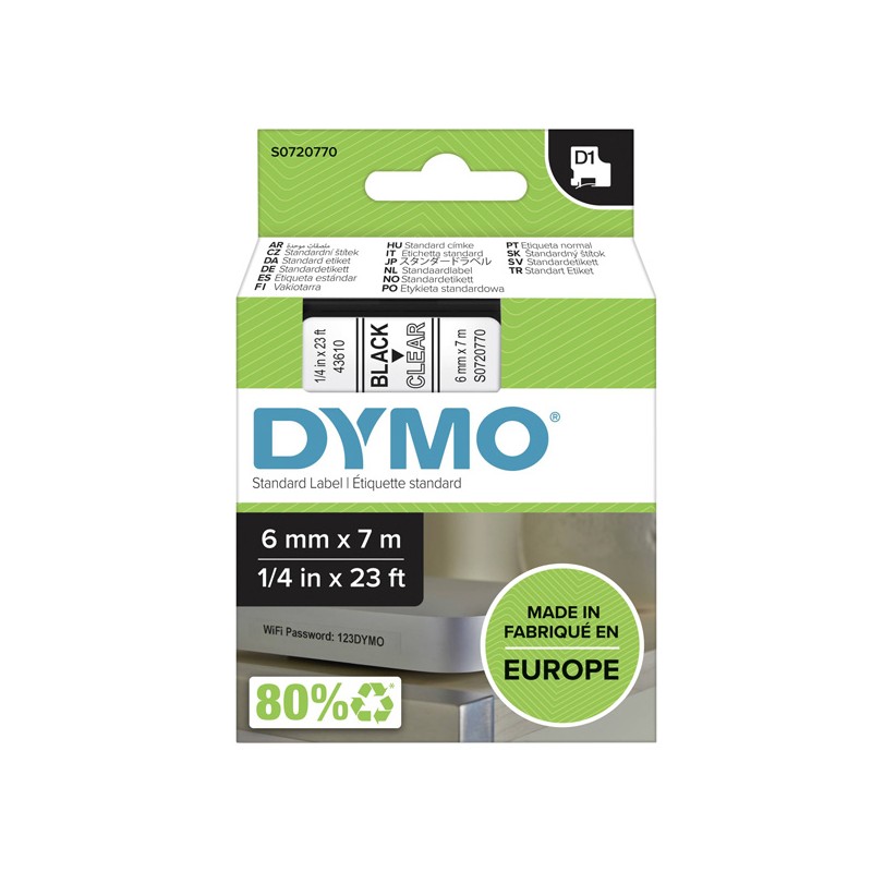 Dymo originální páska do tiskárny štítků, Dymo, 43610, S0720770, černý tisk/průhledný podklad, 7m, 6mm, D1