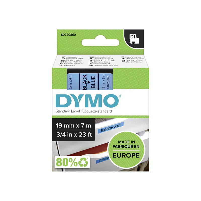 Dymo originální páska do tiskárny štítků, Dymo, 45806, S0720860, černý tisk/modrý podklad, 7m, 19mm, D1