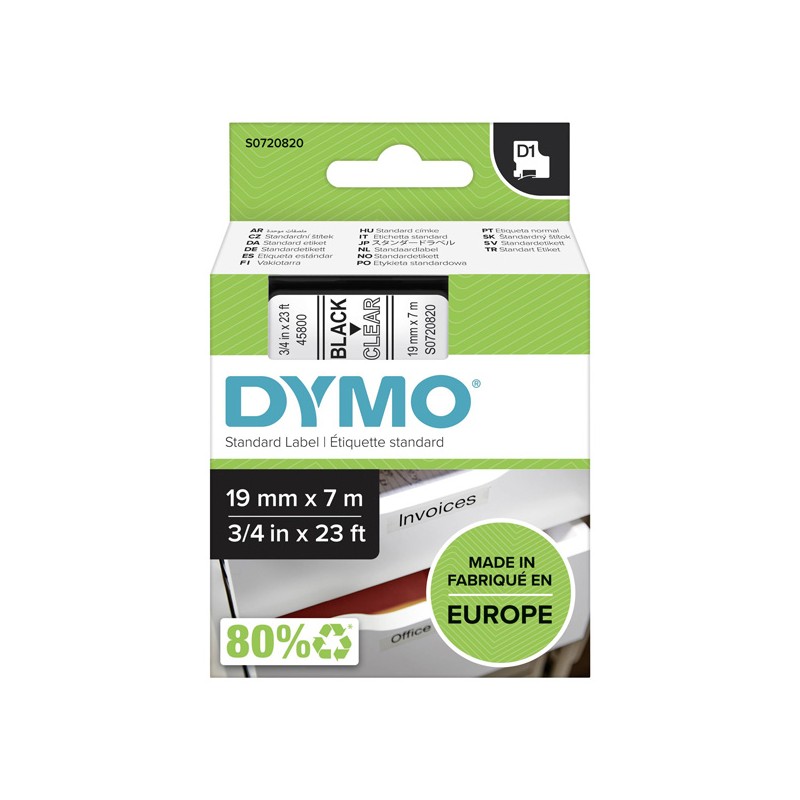 Dymo originální páska do tiskárny štítků, Dymo, 45800, S0720820, černý tisk/průhledný podklad, 7m, 19mm, D1