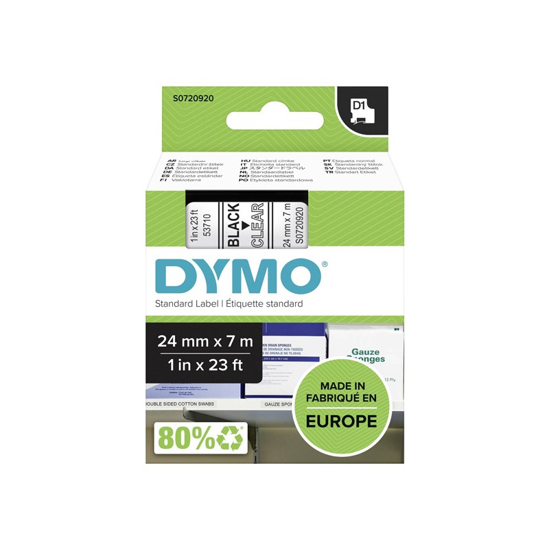 Dymo originální páska do tiskárny štítků, Dymo, 53710, S0720920, černý tisk/průhledný podklad, 7m, 24mm, D1