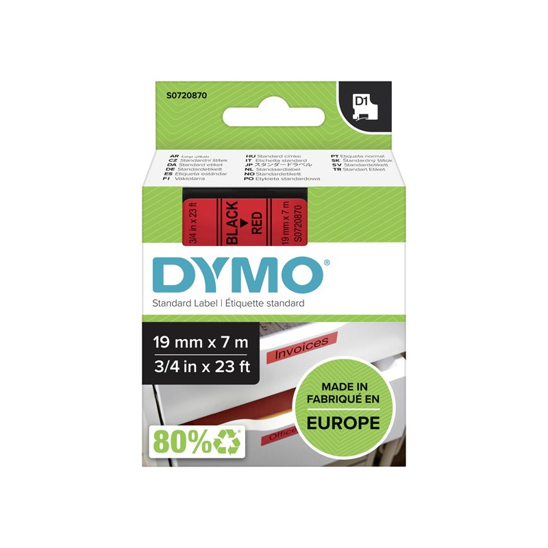 Dymo originální páska do tiskárny štítků, Dymo, 45807, S0720870, černý tisk/červený podklad, 7m, 19mm, D1