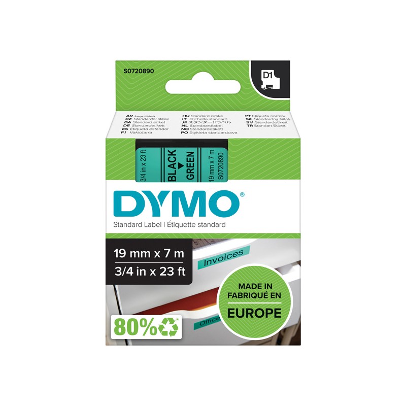 Dymo originální páska do tiskárny štítků, Dymo, 45809, S0720890, černý tisk/zelený podklad, 7m, 19mm, D1