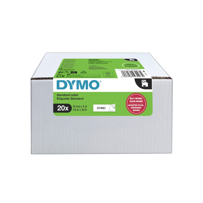 Dymo originální páska do tiskárny štítků, Dymo, 2231632, černý tisk/bílý podklad, 7m, 12mm, 20ks v balení, cena za balení, D1