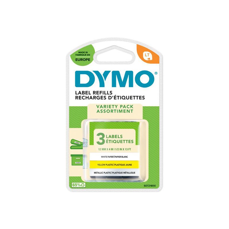 Dymo originální páska do tiskárny štítků, Dymo, 91241, S0721800, černý tisk/bílý/žlutý/stříbrný podklad, 4m, 12mm, 3ks