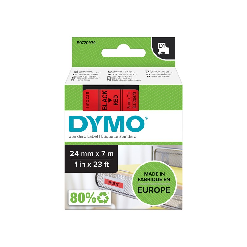 Dymo originální páska do tiskárny štítků, Dymo, 53717, S0720970, černý tisk/červený podklad, 7m, 24mm, D1