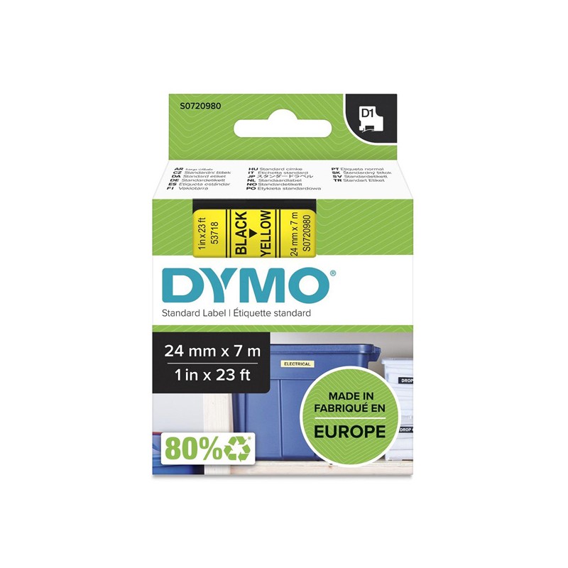 Dymo originální páska do tiskárny štítků, Dymo, 53718, S0720980, černý tisk/žlutý podklad, 7m, 24mm, D1