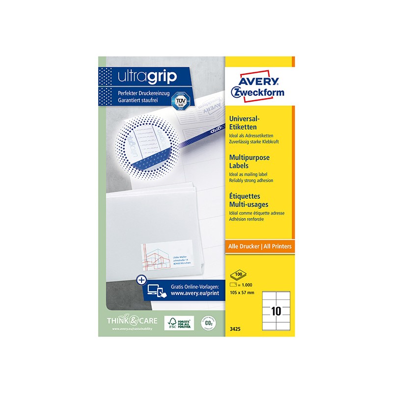 Avery Zweckform etikety 105mm x 57mm, A4, bílé, 10 etiket, baleno po 100 ks, 3425, pro laserové a inkoustové tiskárny, kopírky