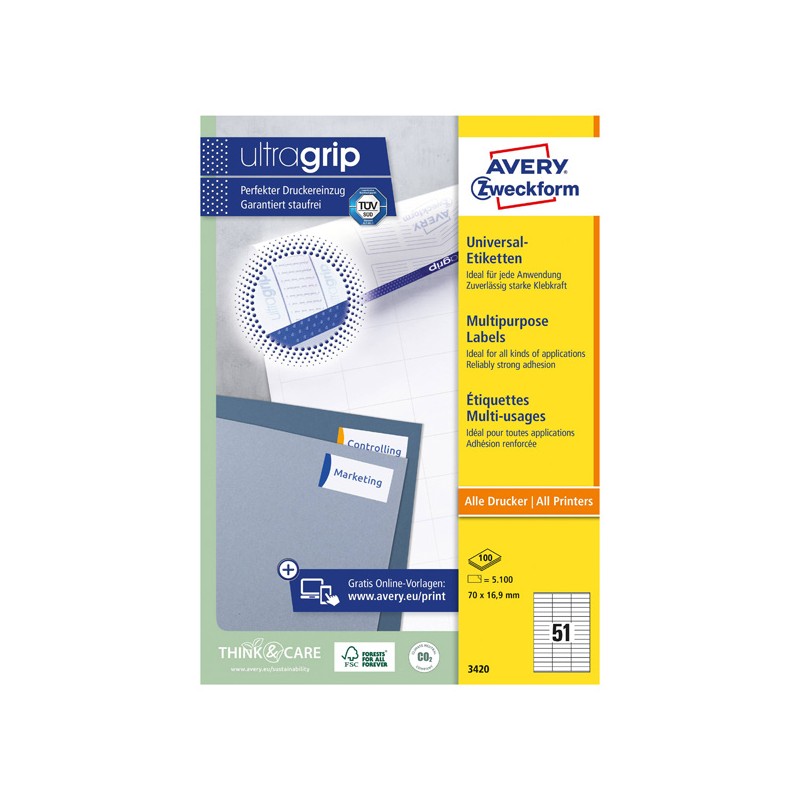 Avery Zweckform etikety 70mm x 16.9mm, A4, bílé, 51 etiket, baleno po 100 ks, 3420, pro laserové a inkoustové tiskárny, kopírky