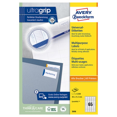 Avery Zweckform etikety 38 x 21.2 mm, A4, bílé, 65 etiket, baleno po 100 ks, 3666, pro laserové a inkoustové tiskárny, kopírky