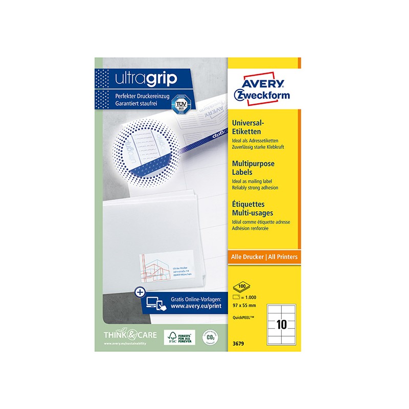 Avery Zweckform etikety 97 x 55 mm, A4, bílé, 10 etiket, baleno po 100 ks, 3679, pro laserové a inkoustové tiskárny, kopírky
