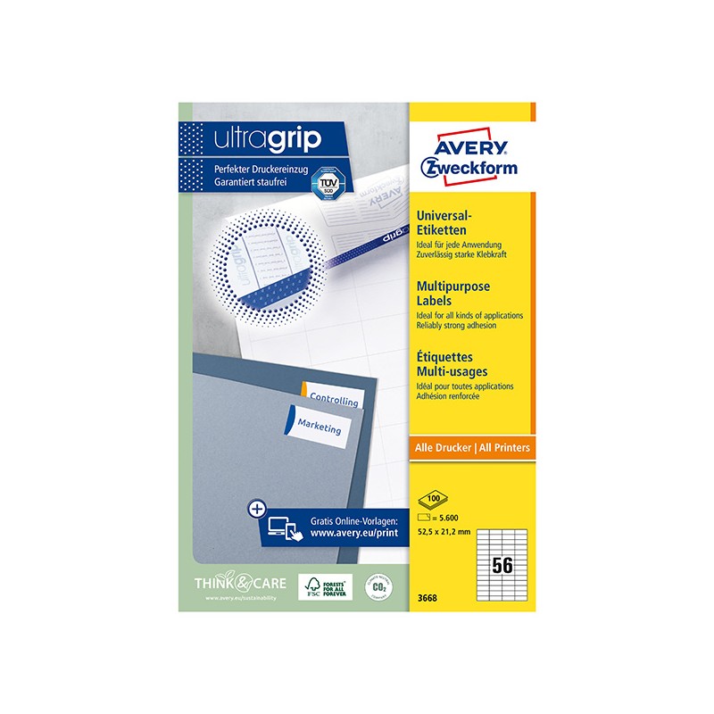 Avery Zweckform etikety 52.5 x 21.2 mm, A4, bílé, 56 etiket, baleno po 100 ks, 3668, pro laserové a inkoustové tiskárny, kopírky