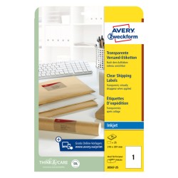 Avery Zweckform etikety 210mm x 297mm, A4, průhledné, transparentní, 1 etiketa, na balíky, baleno po 25 ks, J8567-25, pro