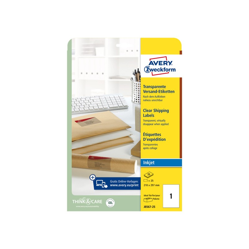 Avery Zweckform etikety 210mm x 297mm, A4, průhledné, transparentní, 1 etiketa, na balíky, baleno po 25 ks, J8567-25, pro