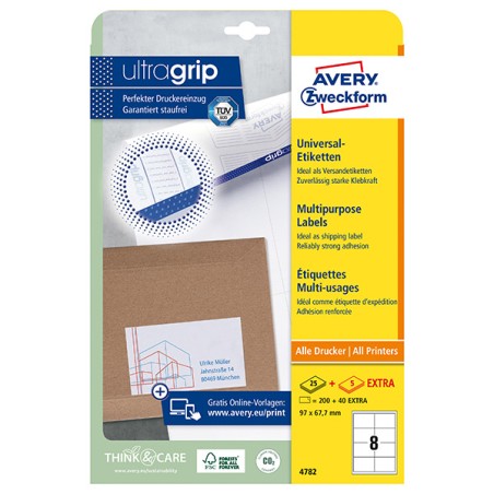 Avery Zweckform etikety 97 x 67.7 mm, A4, bílé, 8 etiket, QuickPEEL, baleno po 30 ks, 4782, pro laserové a inkoustové tiskárny