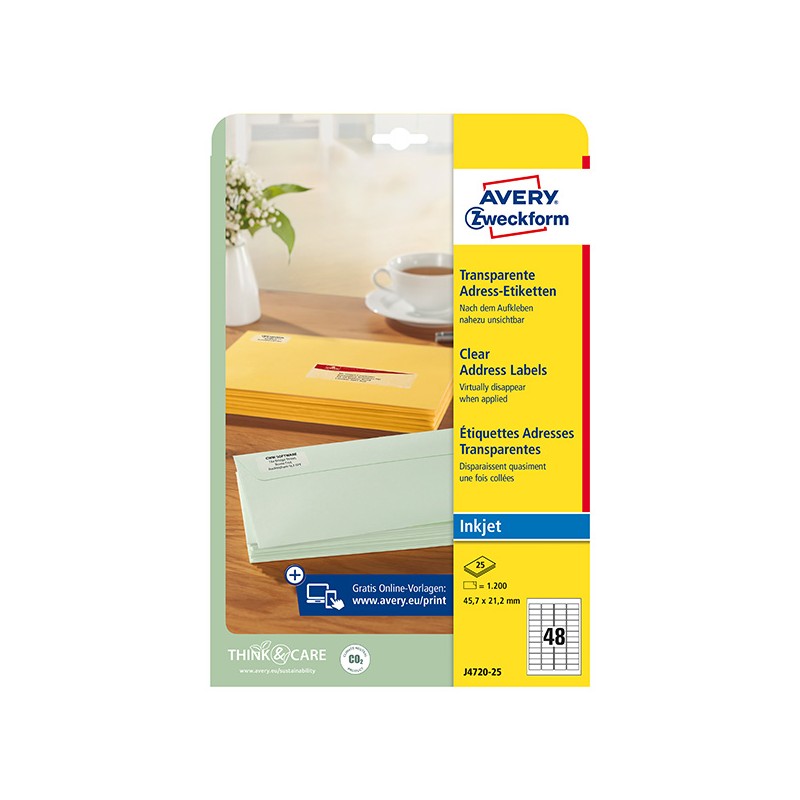 Avery Zweckform etikety 45.7mm x 21.2mm, A4, průhledné, transparentní, 48 etiket, adresní, baleno po 25 ks, J4720-25, pro