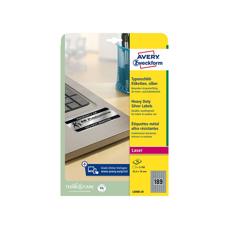 Avery Zweckform etikety 25.4mm x 10mm, A4, stříbrné, 189 etiket, velmi odolné, baleno po 20 ks, L6008-20, pro laserové tiskárny