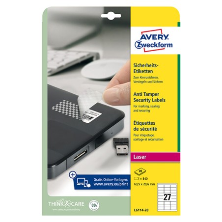 Avery Zweckform etikety 63.5mm x 29.6mm, A4, bílé, 27 etiket, bezpečnostní, odolné vůči manipulaci, baleno po 20 ks, L6114-20