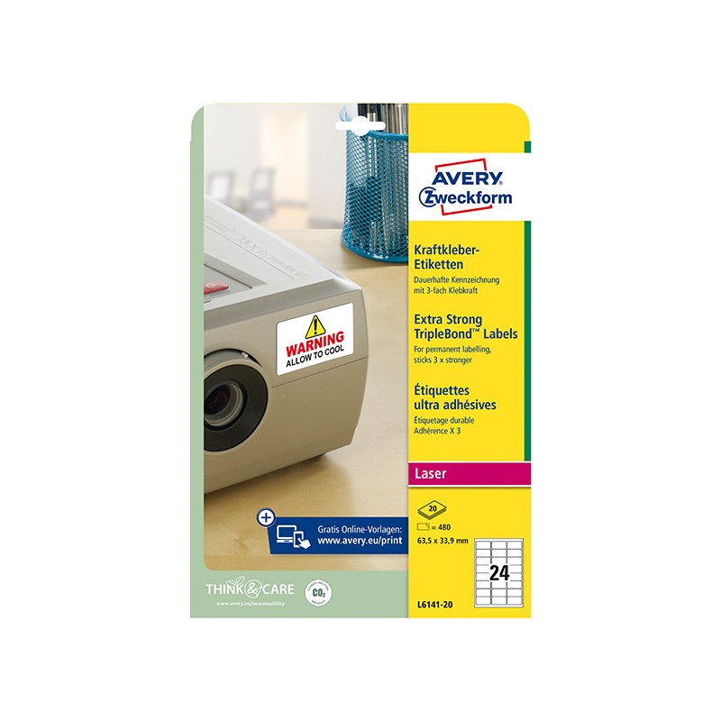 Avery Zweckform etikety 63.5mm x 33.9mm, A4, bílé, 24 etiket, trojnásobně silnější lepivost, baleno po 20 ks, L6141-20, pro