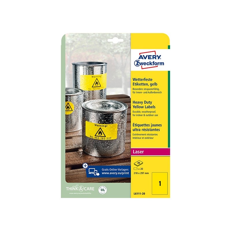 Avery Zweckform etikety 210mm x 297mm, A4, žluté, 1 etiketa, velmi odolné, baleno po 20 ks, L6111-20, pro laserové tiskárny