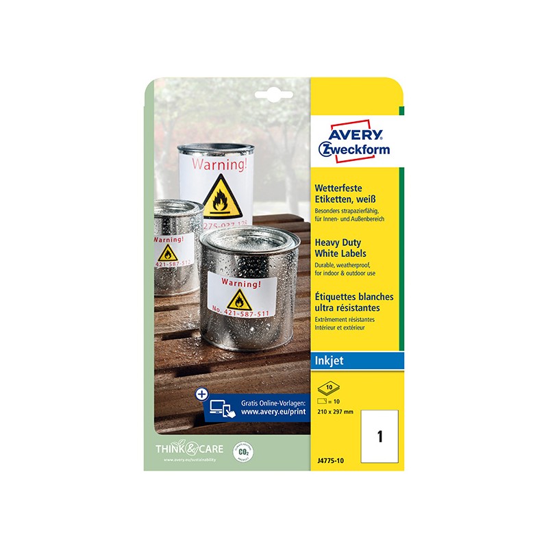 Avery Zweckform etikety 210mm x 297mm, A4, matné, bílé, 1 etiketa, velmi odolné, baleno po 10 ks, J4775-10, pro inkoustové