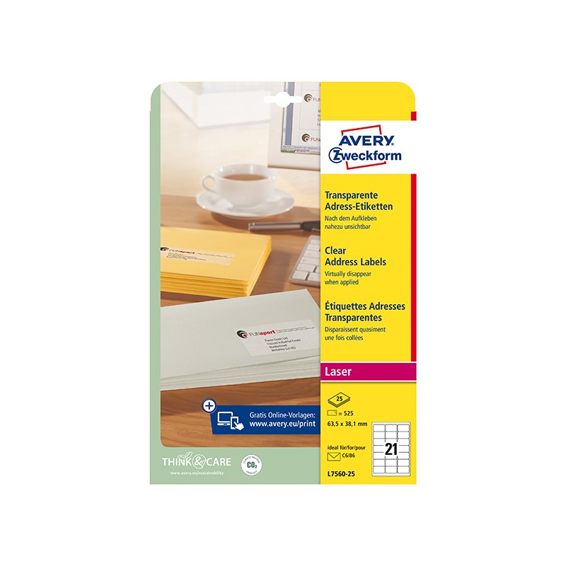 Avery Zweckform etikety 63.5mm x 38.1mm, A4, průhledné, transparentní, 21 etiket, adresní, baleno po 25 ks, L7560-25, pro