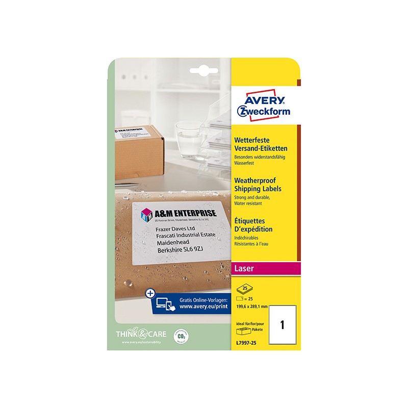 Avery Zweckform etikety 199.6mm x 289.1mm, A4, bílé, 1 etiketa, voděodolné, baleno po 25 ks, L7997-25, pro laserové tiskárny