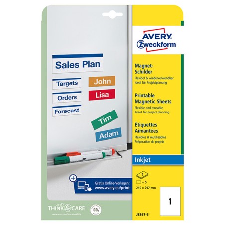 Avery Zweckform štítky 210mm x 297mm, A4, matné, bílé, 1 štítek, magnetické, baleno po 5 ks, J8867-5, pro inkoustové tiskárny