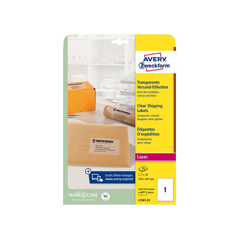 Avery Zweckform etikety 210mm x 297mm, A4, průhledné, transparentní, 1 etiketa, na balíky, baleno po 25 ks, L7567-25, pro