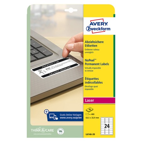 Avery Zweckform etikety 63.5mm x 33.9mm, A4, bílé, 24 etiket, permanentní, odolné vůči manipulaci, baleno po 20 ks, L6146-20