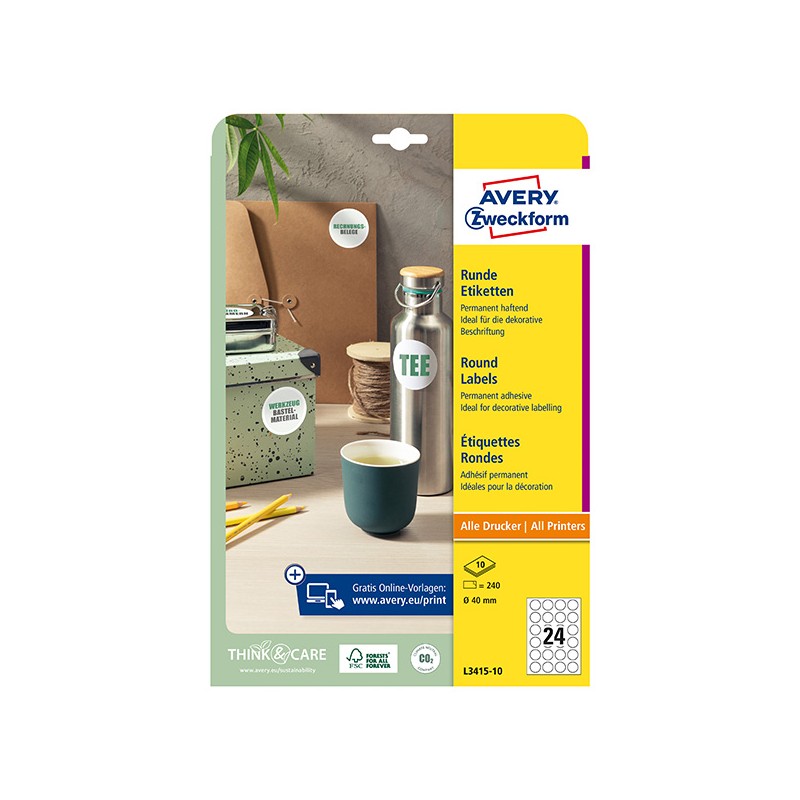 Avery Zweckform etikety 40mm, A4, bílé, 24 etiket, baleno po 10 ks, L3415-10, pro laserové a inkoustové tiskárny, kopírky