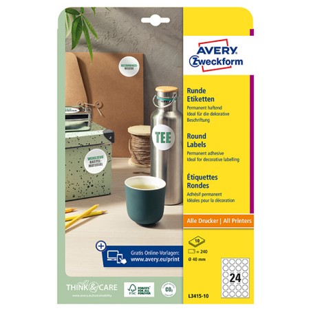 Avery Zweckform etikety 40mm, A4, bílé, 24 etiket, baleno po 10 ks, L3415-10, pro laserové a inkoustové tiskárny, kopírky