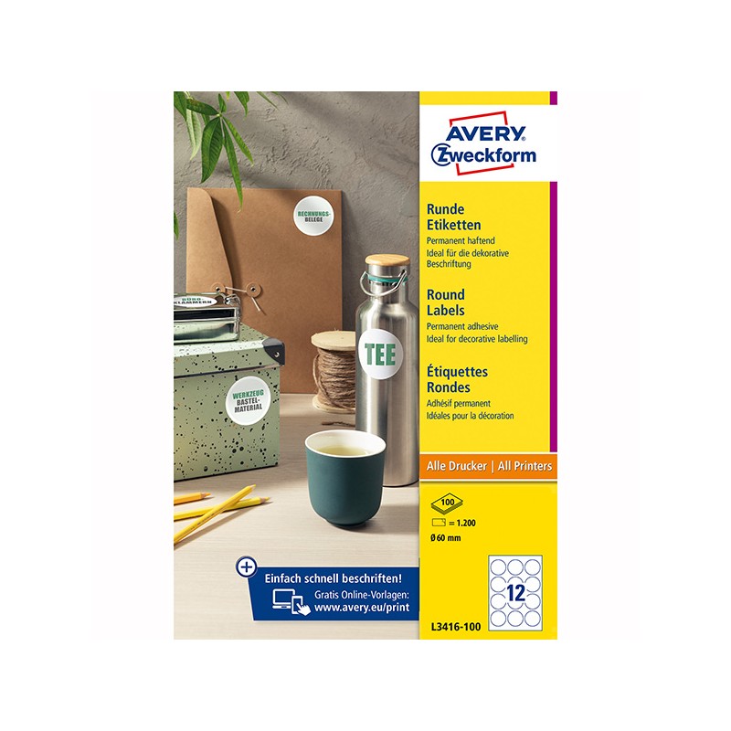Avery Zweckform etikety 60mm, A4, bílé, 12 etiket, baleno po 100 ks, L3416-100, pro laserové a inkoustové tiskárny, kopírky