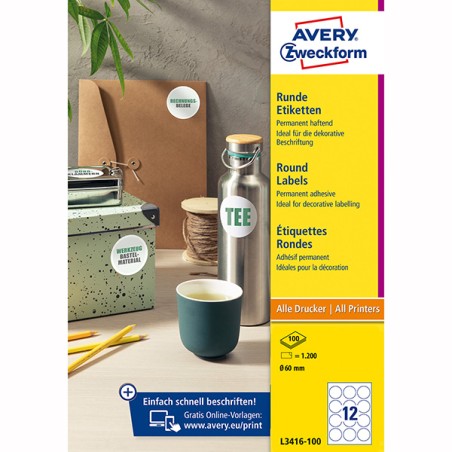 Avery Zweckform etikety 60mm, A4, bílé, 12 etiket, baleno po 100 ks, L3416-100, pro laserové a inkoustové tiskárny, kopírky