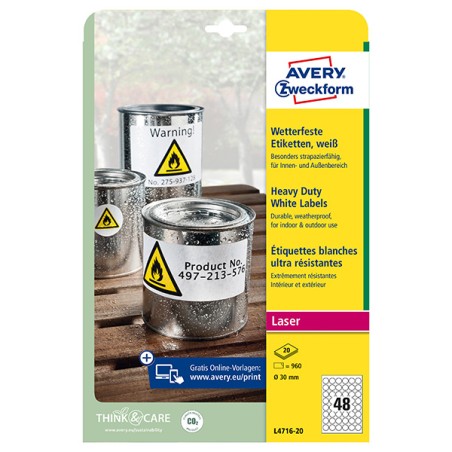 Avery Zweckform etikety 30mm, A4, matné, bílé, 48 etiket, velmi odolné, baleno po 20 ks, L4716-20, pro laserové tiskárny a