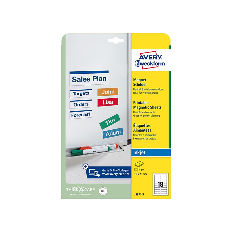 Avery Zweckform štítky 78mm x 28mm, A4, matné, bílé, 18 štítků, magnetické, baleno po 5 ks, J8871-5, pro inkoustové tiskárny