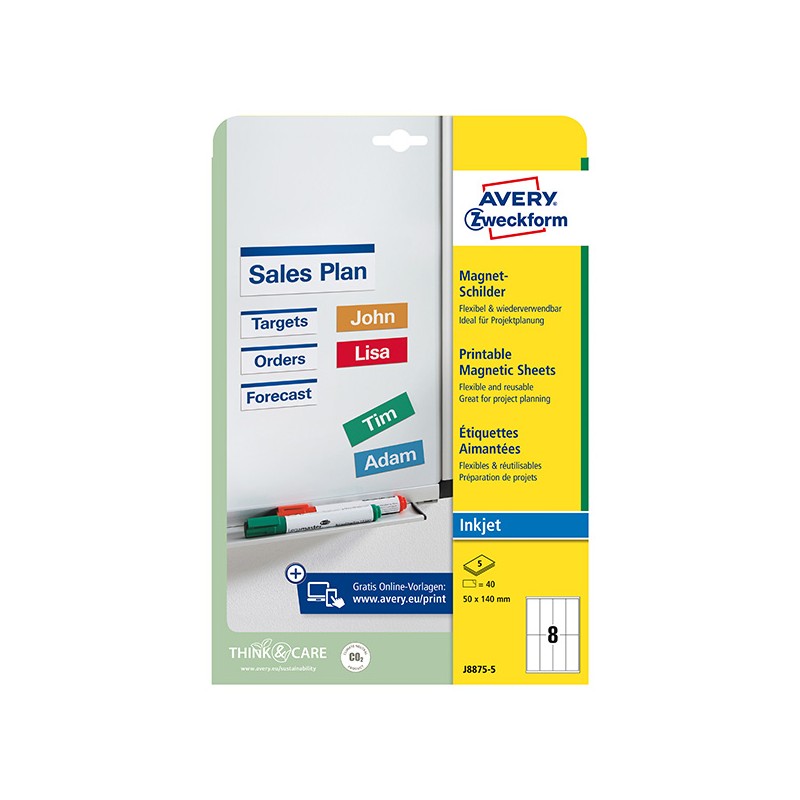 Avery Zweckform štítky 50mm x 140mm, A4, matné, bílé, 8 štítků, magnetické, baleno po 5 ks, J8875-5, pro inkoustové tiskárny