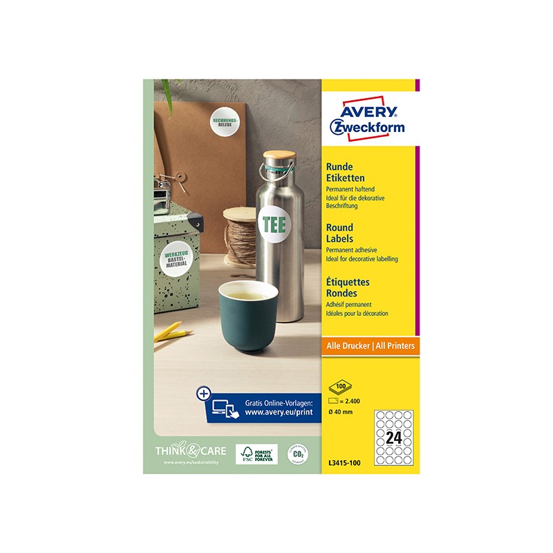 Avery Zweckform etikety 40mm, A4, bílé, 24 etiket, baleno po 100 ks, L3415-100, pro laserové a inkoustové tiskárny, kopírky